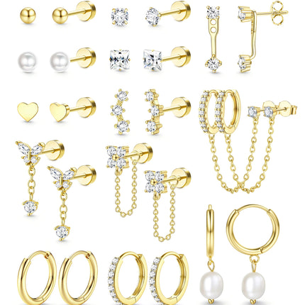 LOLIAS Hypoallergenic Flat Back Earrings Set for Women-Surgical Stainless Steel Earrings for Sensitive Ears-14K Gold Plated Chain Cartilage Earring Stacks Flatback Stud Hoop Earring Sets for Multiple Piercing Jewelry Gold