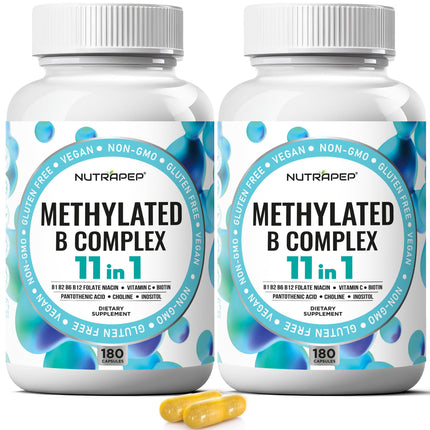 NutraPep Methylated B-Complex Vitamins - Complete Methyl B Complex Multivitamin with Bioactive B9 5-MTHF B6 B12 - MTHFR Support Supplement for Brain Heart Energy (Pack of 2)
