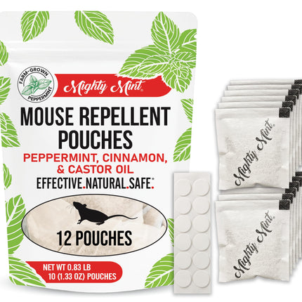 Mighty Mint Mouse Repellent Pouches – Peppermint, Castor Oil & Cinnamon Formula – Natural Indoor Deterrent for Mice and Rodents – Plant-Based, Long-Lasting Protection – 12 Count