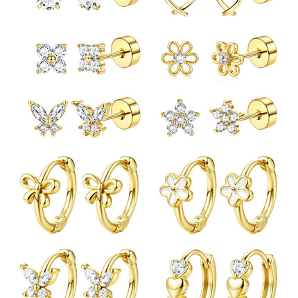 SAILIMUE Hypoallergenic Flat Back Earrings for Girls Women - Cute Toddler Kids Earrings Set Surgical Stainless Steel Earring for Sensitive Ears Small 14K Gold Plated Stud Hoop Earring Stacks
