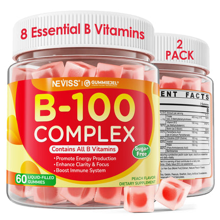 2 Pack Super Vitamin B Complex Gummies - Methylated B Complex for Women & Men, All B Vitamins, Methyl B12, Methylfolate, Vitamin C, Choline, Inositol, PABA for Energy, Brain & Immune, 0g Sugar, Vegan