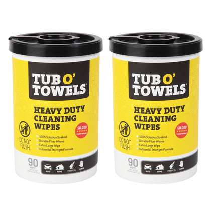 Tub O' Towels Heavy-Duty Multi-Surface Cleaning Wipes, 10" x 12", 90 Count Canister, Removes Grease, Grime, Tough Stains, Durable Disposable Wipes for Home, Garage, Outdoor Cleaning Tasks, 2-Pack