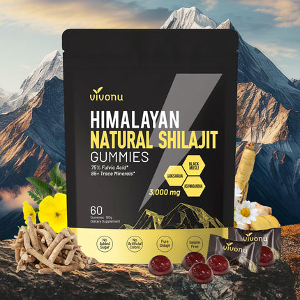 VivoNu Himalayan* Shilajit* Gummies with Ashwagandha* & Gokshura | 85+ Trace Minerals & Fulvic Acid | Organic, Micronutrient Supplement for Men & Women-3000mg | 4000mg (3,000 mg / 1 Packet)