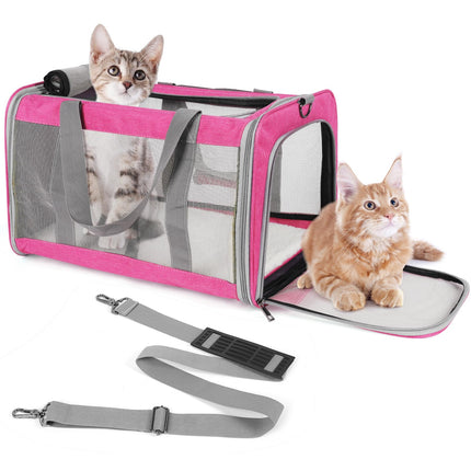 TIYOLAT Pet Carrier for Large Cats of 20 Lbs, Collapsible Carrier Bag for Big Cat or 2 Kittens,Soft Sided Puppy Carrier with Sturdy Travel Transport Strap, Adequate Ventilation, 4 Mesh Windows (Pink)