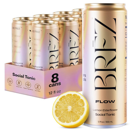 BRĒZ FLOW Alcohol Alternative Drink – Non Alcoholic Sparkling Drink with Lion’s Mane Mushroom, Lemon Elderflower, Adaptogen Beverage for Mood & Focus, Alcohol Alternatives with a Buzz, 8 Pk 12 Fl Oz
