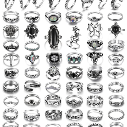 17IF 60 PCS Vintage Silver Goth Ring Set for Women, Punk Boho Chunky Knuckle Stackable Finger Ring Pack Aesthetic Grunge Adjustable Retro Stone Opal Crystal Cat Snake Flower Gothic Rings