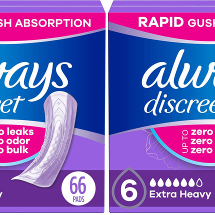Always Discreet Adult Incontinence Pads for Women, Extra Heavy Absorbency, Regular Length, Postpartum Pads, 66 Count (Pack of 2)