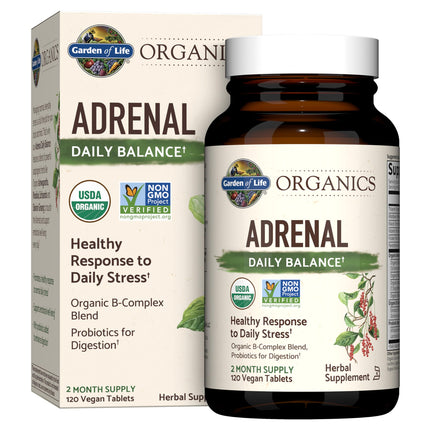 Garden of Life Organics Adrenal Daily Balance, Adaptogenic Herbs Ashwagandha, Holy Basil, B Complex & Probiotics, Organic Non-GMO, Vegan, Gluten Free Supplement, Two Month Supply, 120 Tablets