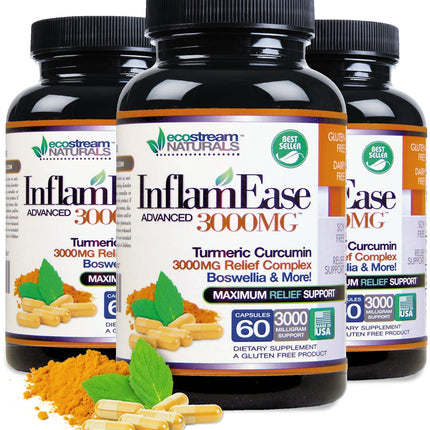 ecostream Naturals Pack of 3 - Natural Advanced InflamEase with Turmeric, Curcumin, Enzymes and Boswellia - Vegetarian (Packaging May Vary)