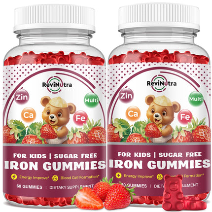 Iron Supplement Gummies for Kids - with Calcium, Zinc, Kids Multivitamin with Iron Gummies - Immune Support, Blood Builder & Energy Support for Iron Deficiency - 2 Pack Strawberry Flavour, 60 Gummies