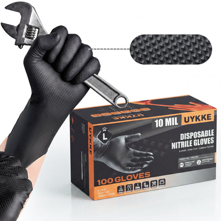 UYKKE 10mil Nitrile Gloves Thick,Industrial Disposable Cooking Gloves with Diamond Textured,Heavy Duty Mechanic Gloves,Latex Free (100, XL)