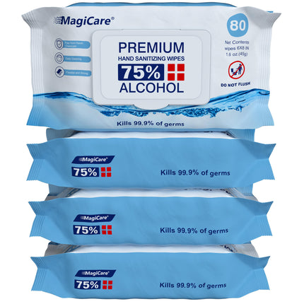 MagiCare 75% Large Alcohol Wipes (4, 80ct Packs, 320ct) - Hand Sanitizer Wipes, Unscented Hand Wipe, Cleaning, Sanitizing Wipe - Travel, Home, Office, Classroom, Car, Camping - Soft Packs