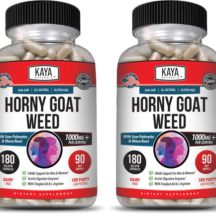 Kaya Naturals Horny Goat Weed Extract - Maca - Extra Strength Complex with Saw Palmetto Ginseng, Arginine Vitamin Supplement - Horny Goat Weed - 180 Count (Pack of 2)