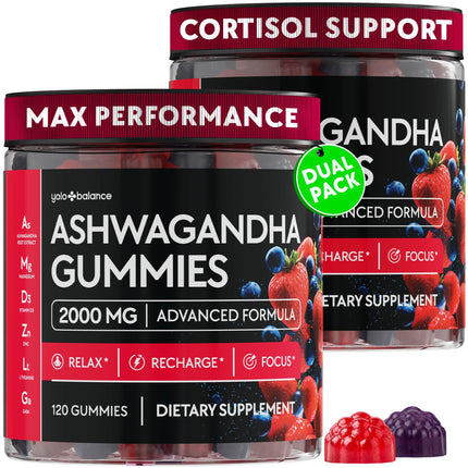 Ashwagandha Gummies 2000mg, 2-Pack (240 Count) - Sugar-Free Adaptogen Supplement with L-Theanine, GABA, Magnesium, Zinc & Vitamin D3, Vegan, Non-GMO Calm & Balance Support for Men & Women