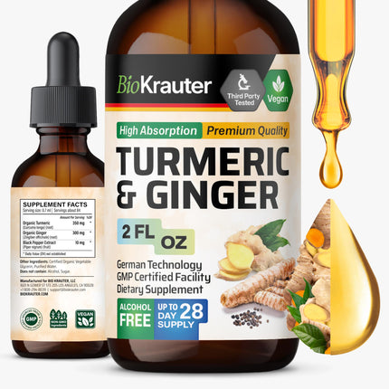 BIO KRAUTER® Turmeric and Ginger Supplement - Pure Vegan Liquid Turmeric & Ginger Tincture with Pepper 2 Fl.Oz 28 Days of Supply - Curcumin Drops for Mobility Support, Antioxidant & Immune Support