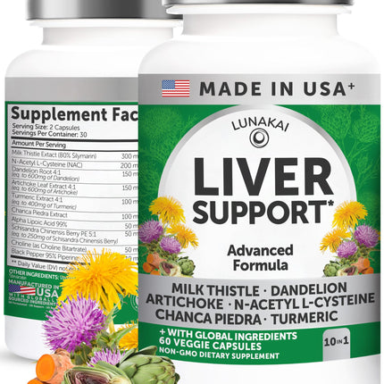 Lunakai USA Made Liver Cleanse Detox & Repair - 10-in-1 with Milk Thistle & NAC – Liver Support Supplement Capsules for Men & Women, Daily Health, Non-GMO, 60ct