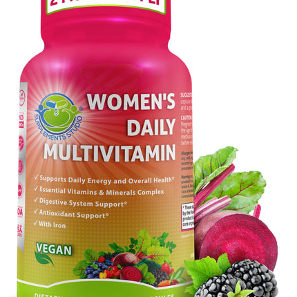Women's Daily Multivitamin with Iron - Vegan Methylated Multivitamin for Women with Biotin, Organic Superfoods, Probiotics, B-Complex - Energy, Gut & Optimal Health Support – Easy to Swallow Capsules