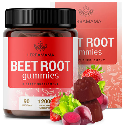 HERBAMAMA Beet Root Gummies - Beets Supplements for Energy & Immune Support - Circulation & Heart Support Supplements - 90 Beet Root Chews (45 Servings)
