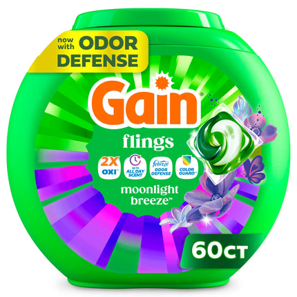 Gain Flings Liquid Washing Detergent Pacs with Odor Defense + Color Guard, Moonlight Breeze Scent, 4-In-1 Liquid Laundry Detergent Pods, Clean & Fresh, 60 Count (Packaging May Vary)