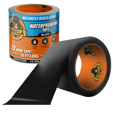 GORILLA Waterproofing Tape, Permanent, Black, 4" x 10', 1-Pack
