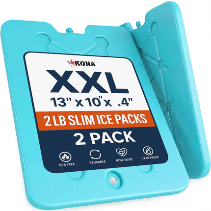 Kona XXL Ice Packs for Coolers– 2 lb Reusable Slim Freezer Pack, Long-Lasting Dry Ice Alternative for Cooler Bags, 13x10 Inch, Fast Freeze (-5°C), 2 Pack