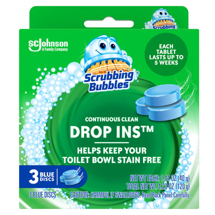 Scrubbing Bubbles Continuous Clean Toilet Drop-Ins, Automatic Blue Toilet Bowl Cleaner, Septic-Safe Tank Tablets Remove Hard Water Minerals & Limescale, Stain & Smell Protection, 3 Count (Pack of 1)