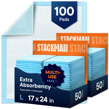 Chucks Pads Disposable [100-Pack] Multi-Purpose Pee Pads - Incontinence Underpads for Dog, Puppy & Diaper Changing Table Pad for Baby 17" x 24" Bed & Chair Liners - Pet Potty Training Pads