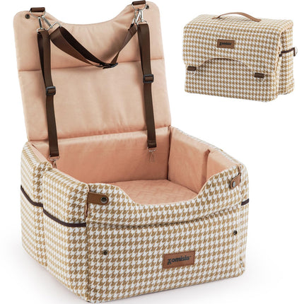 ZOMISIA Elevated Dog Car Seat for Medium Dogs, 3 Adjustable Heights with 2 Egg Crate Foam Boosters 4"+2", Dual-Sided Cooling&Plush Waterproof Cover, 2 Safety Leashes & Buckles, Houndstooth