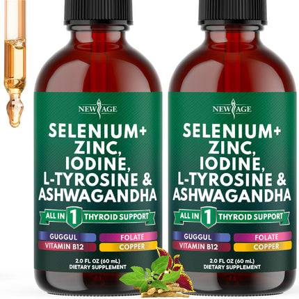 Thyroid Support Drops - Selenium, Zinc, Iodine, L Tyrosine, Ashwagandha, Turmeric, Schisandra Guggu, Cayenne, Basil - Liquid Supplement Folate Copper Alcohol -Free, Vegan, Non-GMO – 4 oz