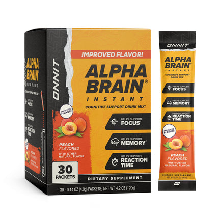 ONNIT Alpha Brain Instant Cognitive Support Drink Mix, Nootropic Supplement for Focus, Memory and Clarity, Peach Flavor, 0.13 oz Packets, 30 Count