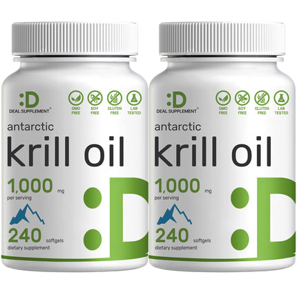 DEAL SUPPLEMENT 2 Pack Antarctic Krill Oil, 1,000mg Per Serving, 480 Softgels – Mercury Free, No Fishy Taste – Rich in Omega-3s, EPA, DHA, Astaxanthin, & Phospholipids – Non-GMO, No Gluten