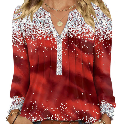 LOMON Womens Long Sleeve Tops Christmas Shirts 2025 Red Top Christmas Outfits for Women Outfits for Women Pleated V Neck Grinch Costume Wine Red Star M