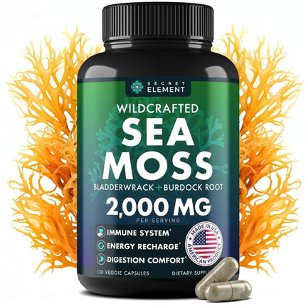 Secret Element Sea Moss Capsules with Burdock Root, Bladderwrack & Muira Puama, for Women and Men, Vegan, Sugar Free, Non-GMO, 120 Capsules