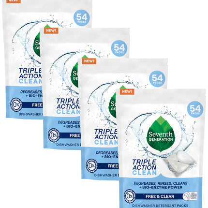Seventh Generation Triple Action Clean Automatic Dishwasher Detergent Packs with Bio-Enzyme Power, Free & Clear, Fights 48-hour Stuck-on Food, 54 count (Pack of 4)
