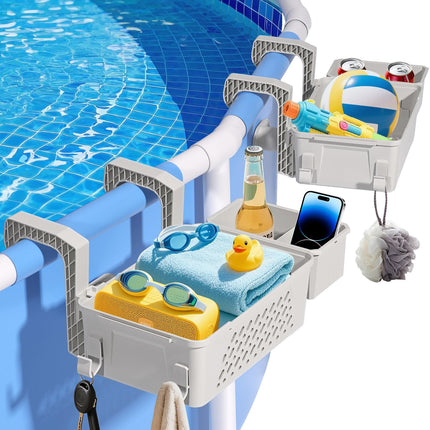 【2026 Upgrade】2-Pack Poolside Storage Basket with Cup Holder, Above Ground Pool Accessories, 3-in-1 Swimming Pool Hanging Storage Baskets to Organize Cups & Towels, Fits 3 Inch or Less Top Rail(Beige)