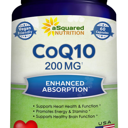 aSquared Nutrition CoQ10 200mg - 60 Capsules - CO Q 10 Supplement - Coenzyme Q10 Ubiquinone Pills - Vegan CoQ-10 Extra Antioxidant Vitamin - Alternative to Softgels & Gummies