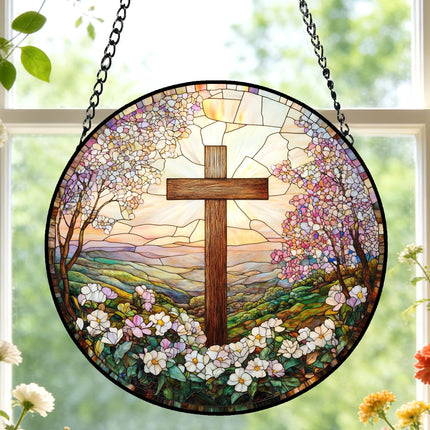 Cross and Wildflowers Stained Glass Sun Catcher,Christian Suncatchers Window Hanging Flower Cross Gift for Religious Home Decor, Easter Faith Christmas Christian Gifts for Mom 7.8 Inch