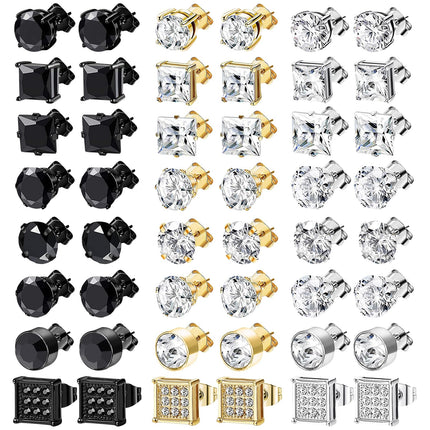 NEWITIN 24 Pairs Stainless Steel Earrings for Men Hypoallergenic Inlaid Cubic Zirconia Studs Hoop Earring Cross Dangle Earrings Unisex Punk Stud Earring for Women Men