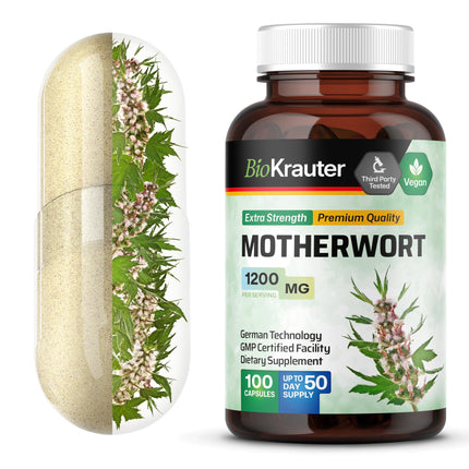 BIO KRAUTER® Perimenopause & Menopause Supplements for Women* - Vegan Motherwort Capsules 1200 mg/Serving 50-Day Supply for Natural Calm & Women's Wellness - No Fillers, Non-GMO - 100 Calm Capsules