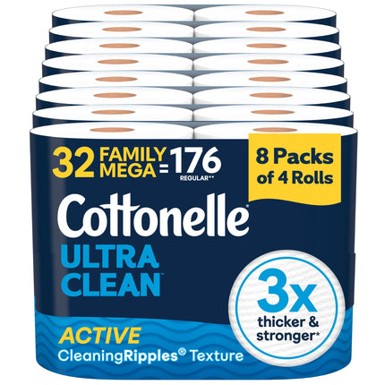 Cottonelle Ultra Clean Toilet Paper, 32 Family Mega Rolls=176 Regular Rolls