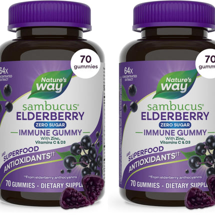 Nature's Way Sambucus Zero Sugar Immune Gummies,Daily Immune Support*,Black Elderberry Extract,Vitamin C,Vitamin D3,Zinc,Sugar Free,Sugar-Alcohol Free,Plant-Based Sweeteners,70 Gummies,(Pack of 2)