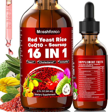 MOSSHFEECO Red Yeast Rice with CoQ10 & Soursop Leaf Extract - Vegan Cholesterol Support Supplement with Red Yeast Rice Extract, Promotes Heart & Immune Health, Non-GMO-2 Fl Oz