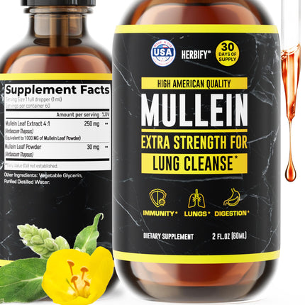HERBIFY Mullein Extract 2 oz Tincture for Respiratory Health, Mullein Leaf and Flowers Blend (Verbascum Densiflorum)