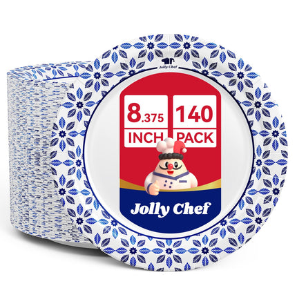 JOLLY CHEF 8.37 inch Disposable Paper Plates 140 Count Soak Proof, Cut Proof, Heavy Duty Printed Disposable Plate for Everyday Use