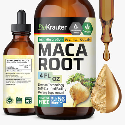BIO KRAUTER® Maca Root for Women and Men - Vegan Maca Root Liquid Drops 680 mg for Drive & Active Lifestyle Support - 4 Fl.Oz., 56-Day Supply, Non-GMO, Alcohol & Sugar Free Herbal Supplements