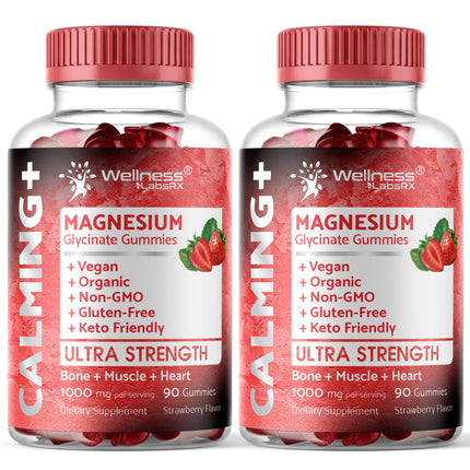 Magnesium Glycinate Gummies, 1000 mg - Magnesium Supplement to Support Relaxation, Heart Health - Chewable Calm Magnesio Gummies for Adults, Glicinato De Magnesio - Strawberry Flavor - Pack of 2
