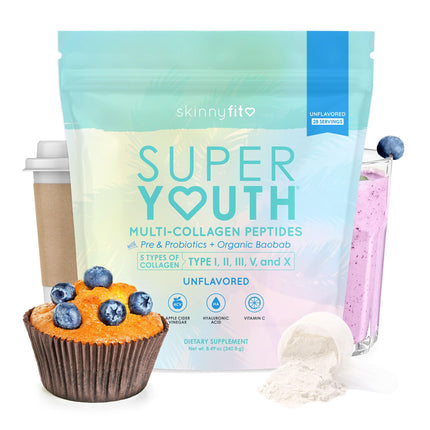 SkinnyFit - Super Youth Collagen for Women - Multi Collagen Peptides Powder - Probiotics, Fiber, Hyaluronic Acid - Non GMO, Gluten Free, Sugar Free - Beauty & Self Care - Unflavored (28 Servings)