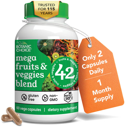 Botanic Choice Since 1910 - Mega Fruits & Veggies Blend - 42 Fruits and Vegetables - 2 Caps Daily - 60 Count Supplement