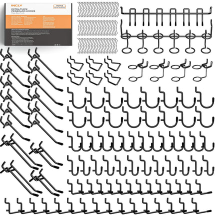 INCLY 176PCS Extra Thick Pegboard Hooks, 1/4" Heavy Duty Black Metal Peg Board Hooks Assortment with Peg Locks Pegboard Accessories Kit for Garage Wall Organizer Hanging Tools