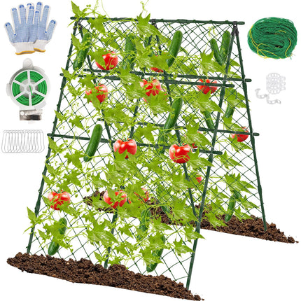 STFALI 63"H x 47"L Cucumber Trellis for Raised Bed, Adjustable Garden Trellis for Climbing Plants Outdoor with Climbing Net and Plant Support Clip, A-Frame Trellis for Vegetable, Cucumbers, Tomatoes